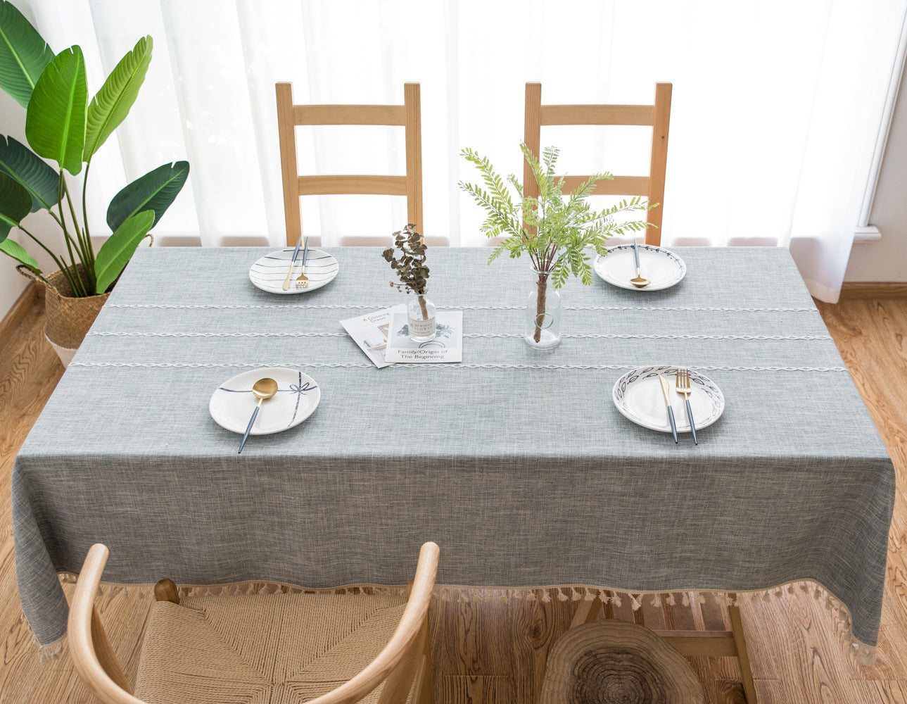 140x200cm Beige Striped Cotton Linen Embroidered Tassel Tablecloth - European & American Pastoral Style for Restaurants 5