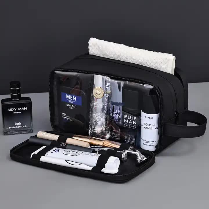 Black Elite Series 3-Layer Large Capacity Men's Toiletry Bag - Portable Travel Cosmetic Organizer with Premium Design 5