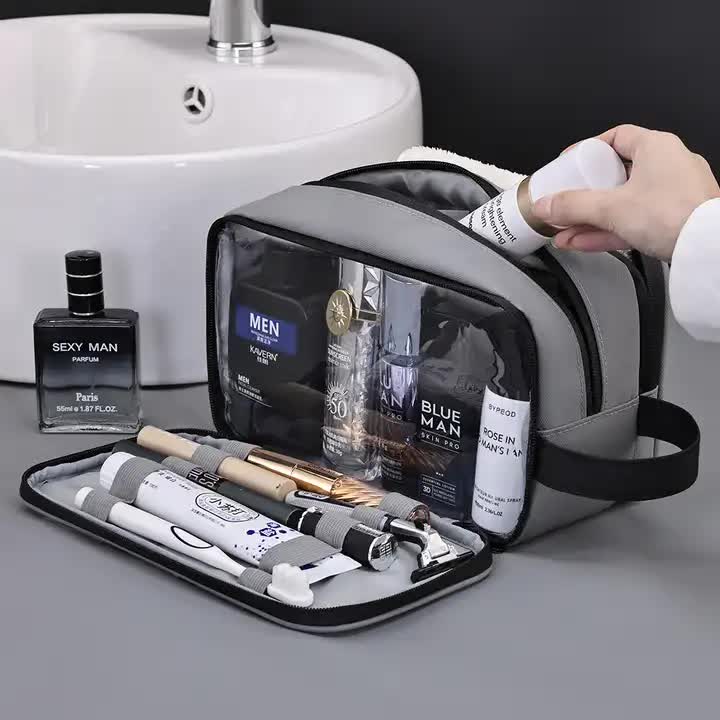Grey Elite Series 3-Layer Large Capacity Men's Toiletry Bag - Portable Travel Cosmetic Organizer with Premium Design 4