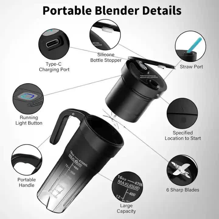 Black Portable Juicer Cup with Straw, USB Rechargeable 6-Blade Blender, Multi-Function Juice Maker for Travel and Outdoor Use 6