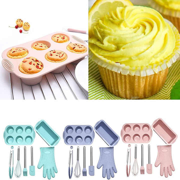 Pink 7-Piece Silicone Bakeware Set with Whisk, Spatula, Brush, Gloves, and Cake Molds for Home Baking 3