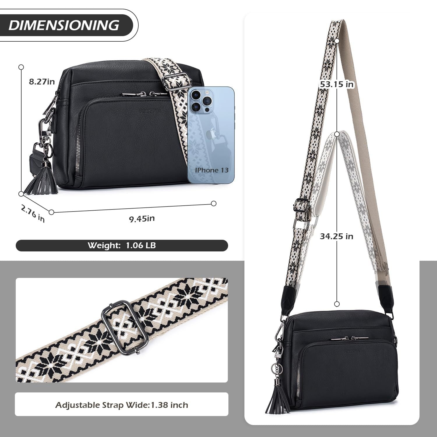 Black Vintage Multi-Zip Crossbody Bag with Card Slots and Adjustable Strap, Minimalist Solid Color Shoulder Bag
