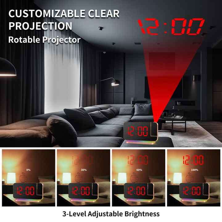 Black RGB LED Projection Alarm Clock, Multi-Color Night Light with Snooze Function, Home Decor Digital Clock 5
