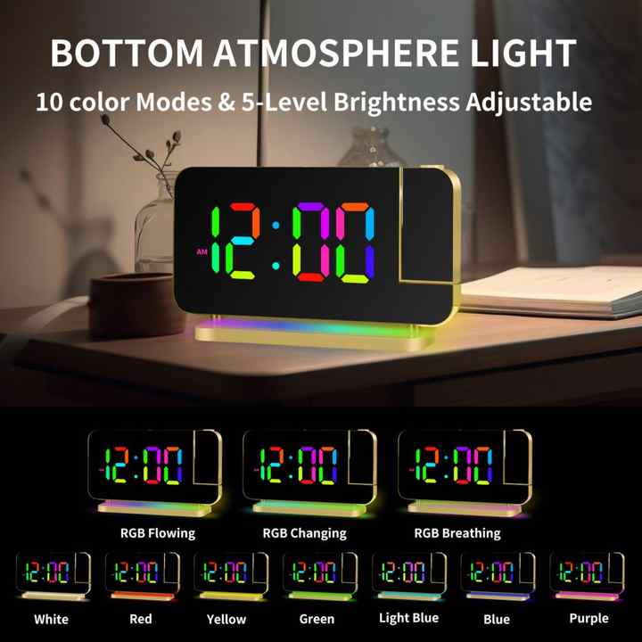 Gold RGB LED Projection Alarm Clock, Multi-Color Night Light with Snooze Function, Home Decor Digital Clock 6