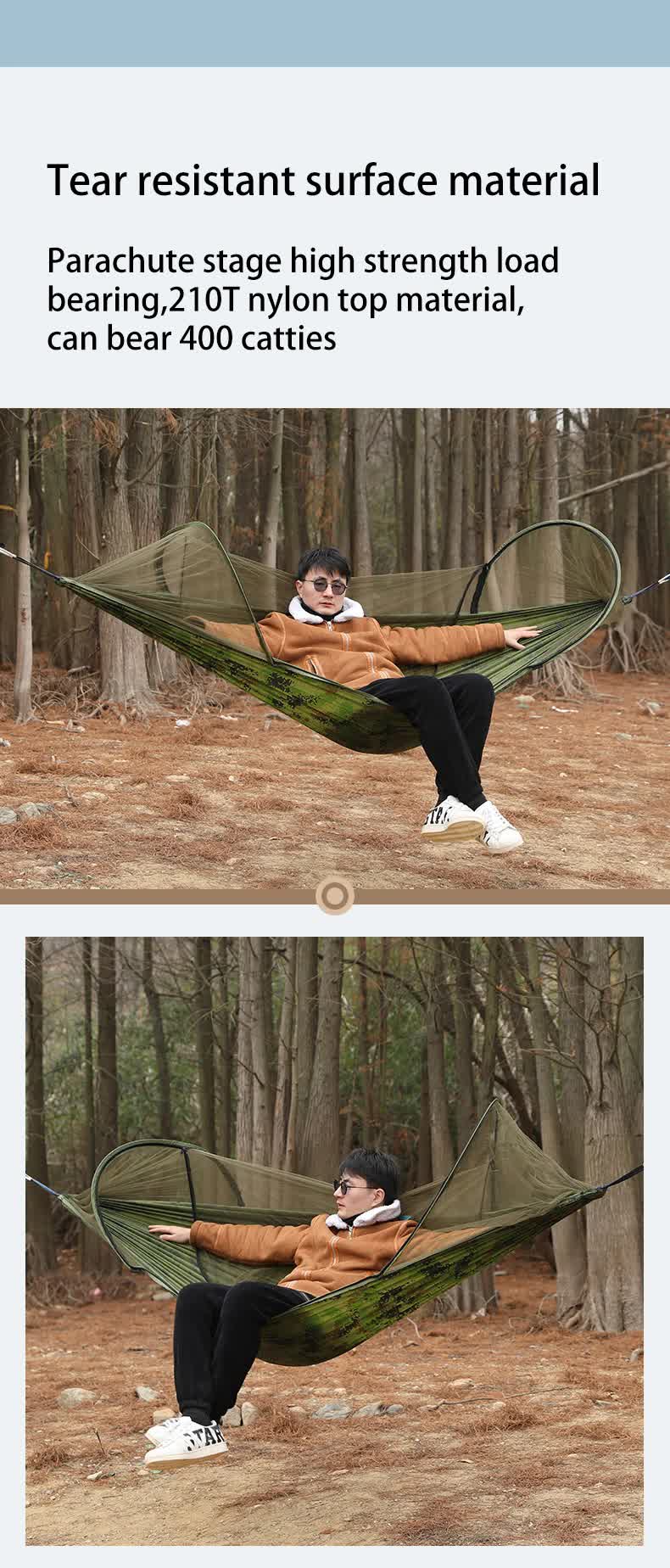 Green Outdoor Camping Hammock with Mosquito Net, Anti-Tip Nylon Fabric, Single/Double Person Quick-Setup Hammock 4
