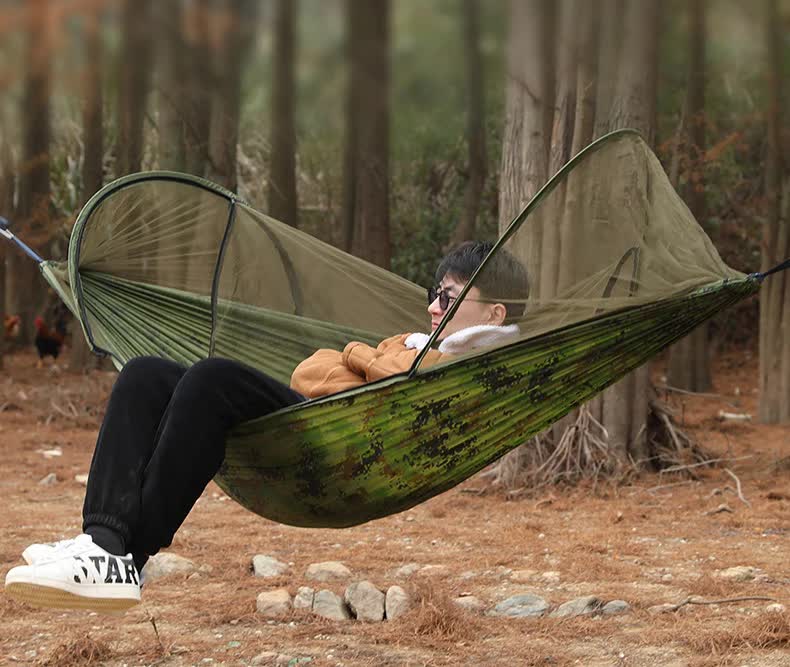 Red Outdoor Camping Hammock with Mosquito Net, Anti-Tip Nylon Fabric, Single/Double Person Quick-Setup Hammock 3