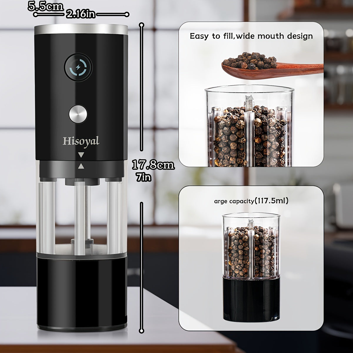 Electric Pepper Grinder, Automatic Gravity Spice Mill for Black Pepper, Sea Salt, Coffee Beans, and More 4