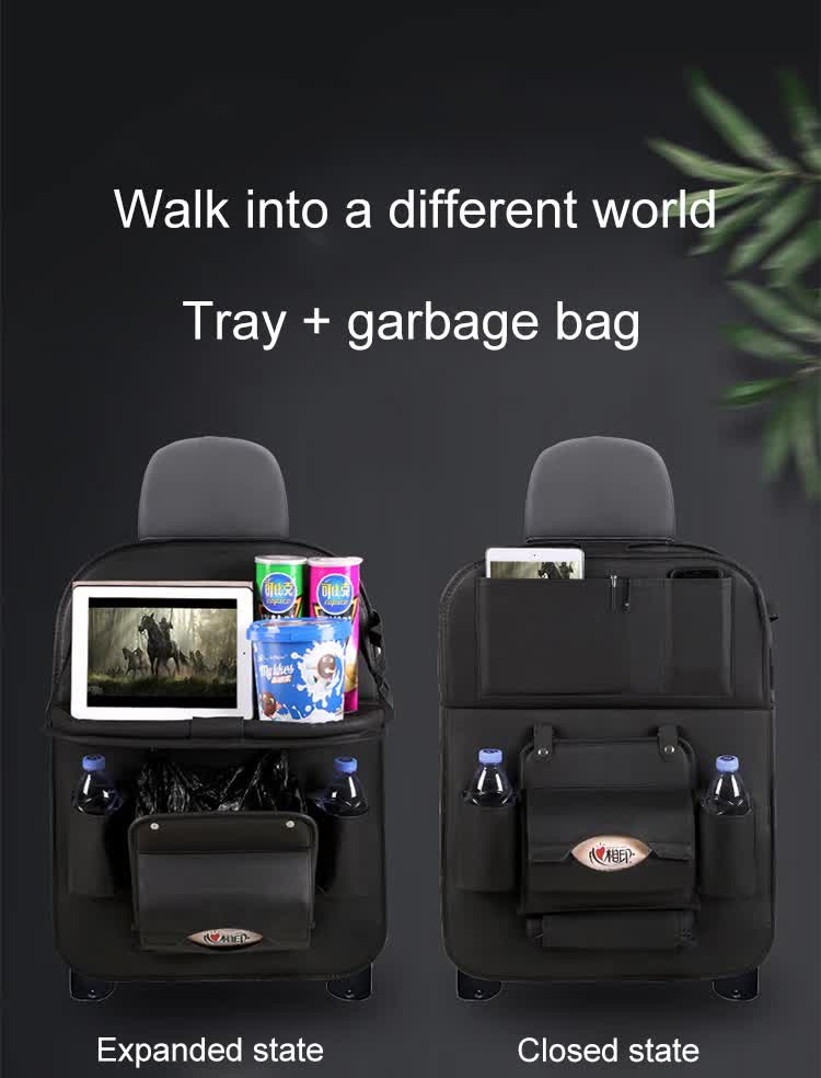 Black Leather Car Backseat Organizer with Foldable Tray Table & Trash Bag - Multi-functional Car Storage Solution 4