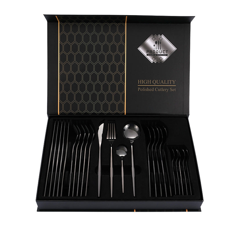 Black Color Premium 24-Piece Stainless Steel Cutlery Set - Elegant Golden Steak Knife, Fork, and Spoon Set in Luxury Gift Box