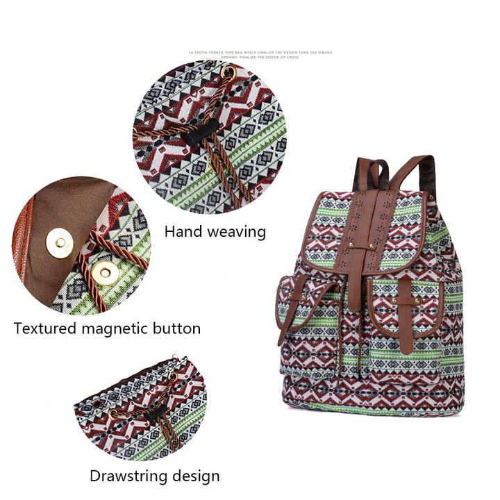 Lozenge Pattern Bohemian Style Canvas Backpack - Vintage Tribal Pattern Travel Bag with Leather Straps 3