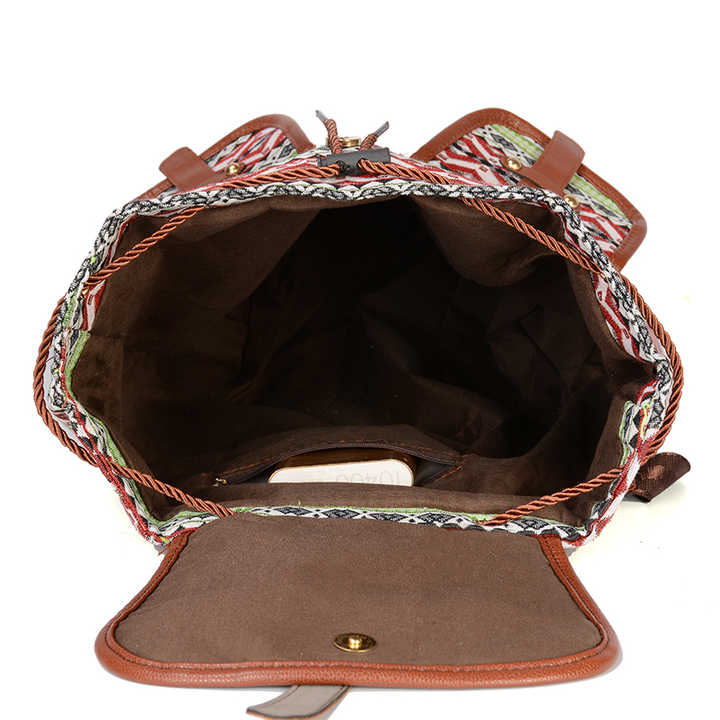 Diamond Pattern Bohemian Style Canvas Backpack - Vintage Tribal Pattern Travel Bag with Leather Straps 5