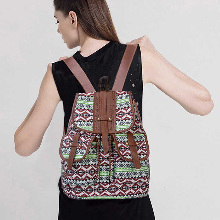 Diamond Pattern Bohemian Style Canvas Backpack - Vintage Tribal Pattern Travel Bag with Leather Straps 6