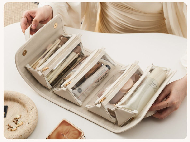 White Roll-Up Travel Makeup Bag - Compact Cosmetic Organizer with Multiple Compartments 4