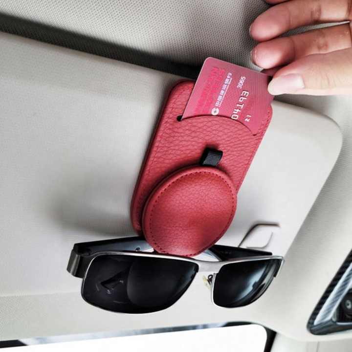 Red Multifunctional Car Sun Visor Glasses Clip with Card Holder - Compact and Convenient 5