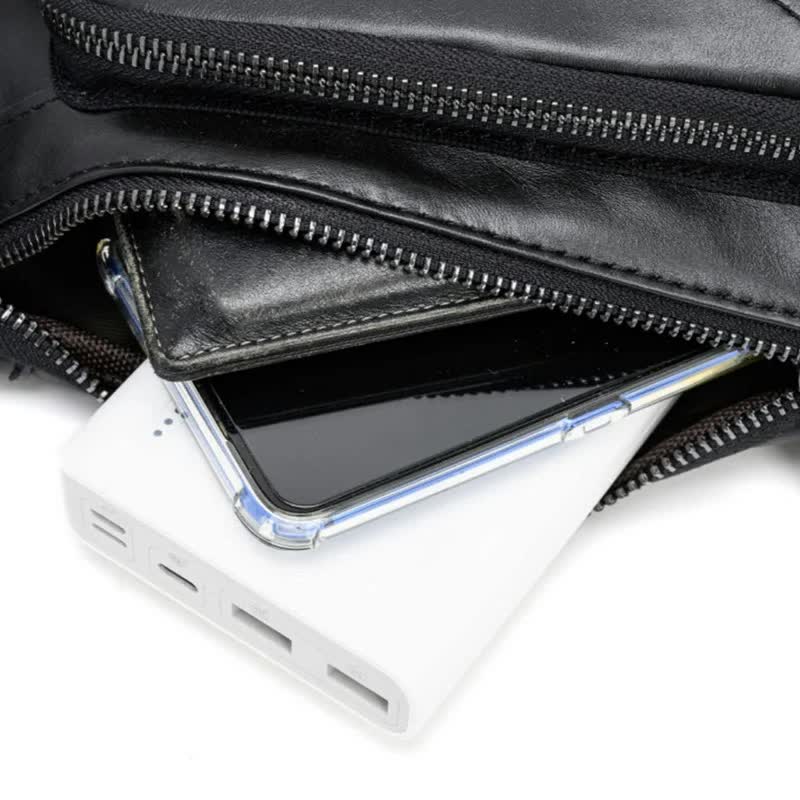 Black Men's Leather Sling Backpack - Casual Crossbody Chest Bag 3