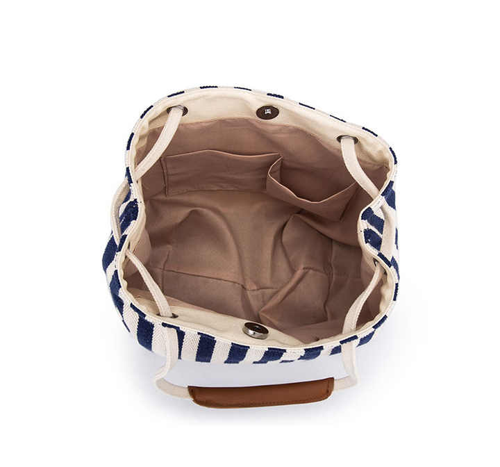 Blue Stripes Canvas Bucket Tote Bag with Leather Handle 4