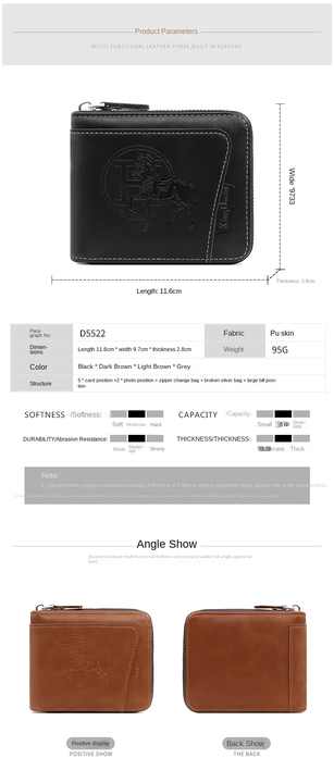 Black Men's Leather Wallet with Zipper and Horse Embossed Design -  Compact and Stylish 4