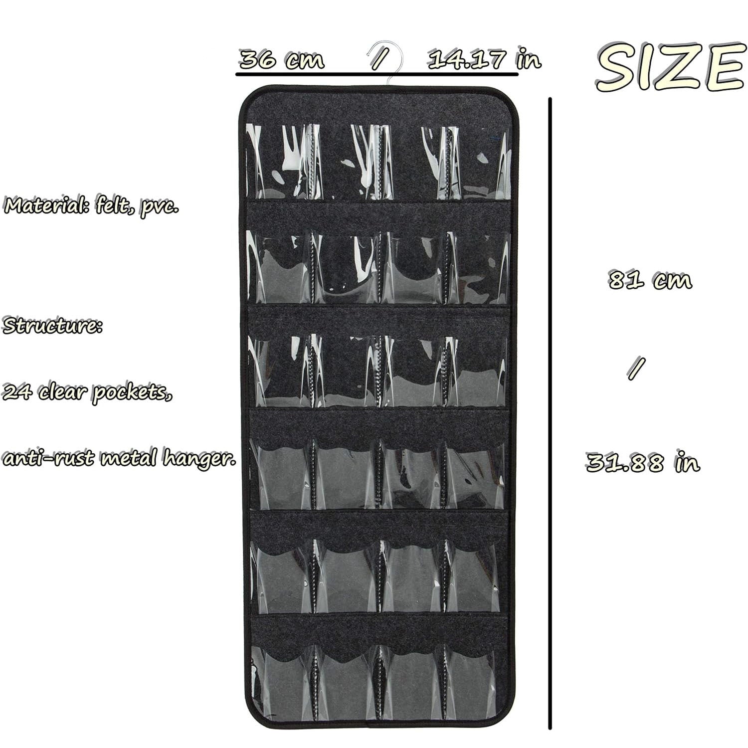 Grey Hanging Felt Shoe Organizer with 24 Clear Pockets - Anti-Rust Metal Hanger Included, Perfect for Shoes, Toys, and Accessories 4