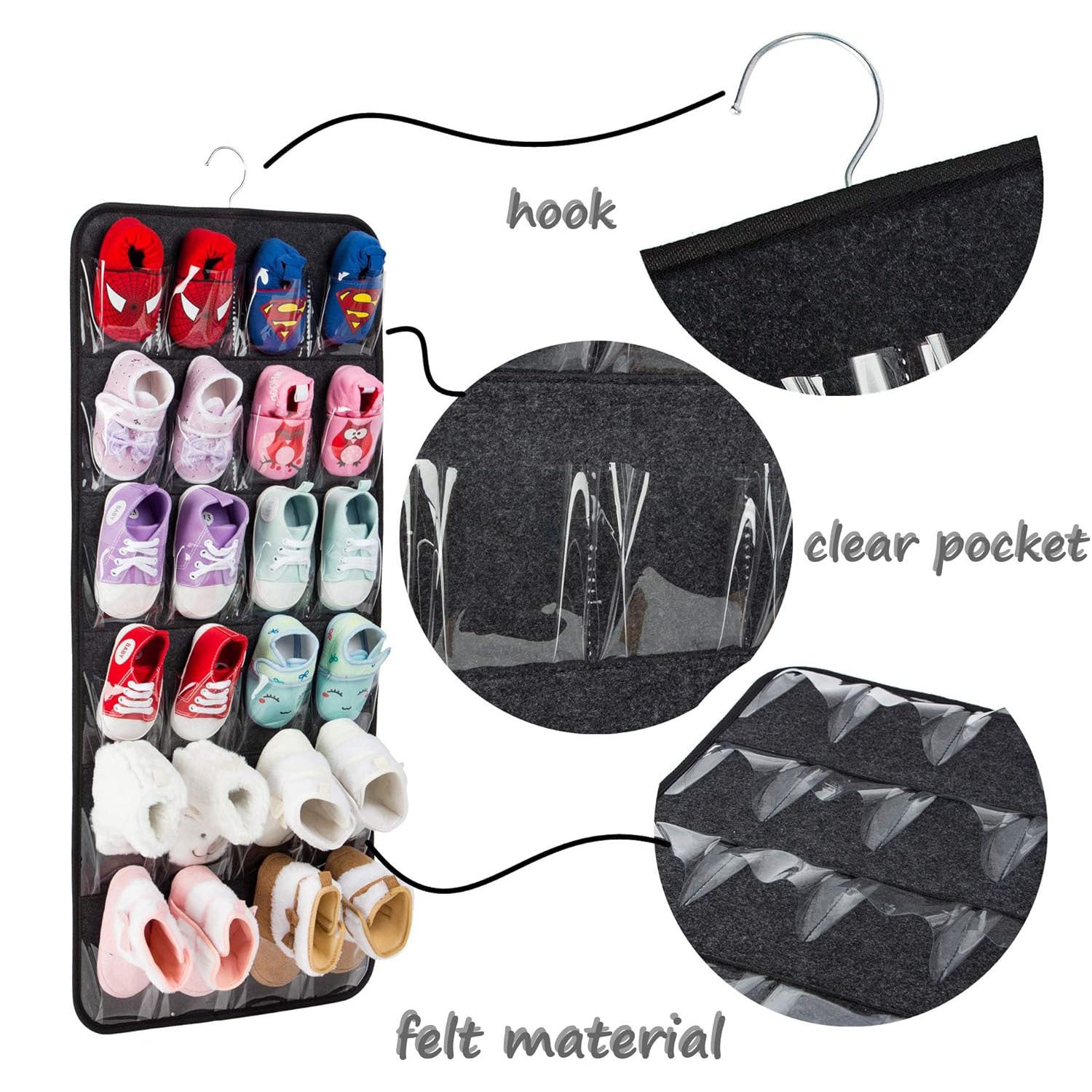 Pink Hanging Felt Shoe Organizer with 24 Clear Pockets - Anti-Rust Metal Hanger Included, Perfect for Shoes, Toys, and Accessories 3