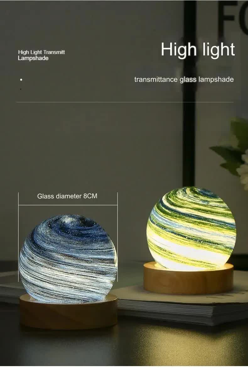 Morning Light LED Planet Night Light with Wooden Base, USB Rechargeable 3