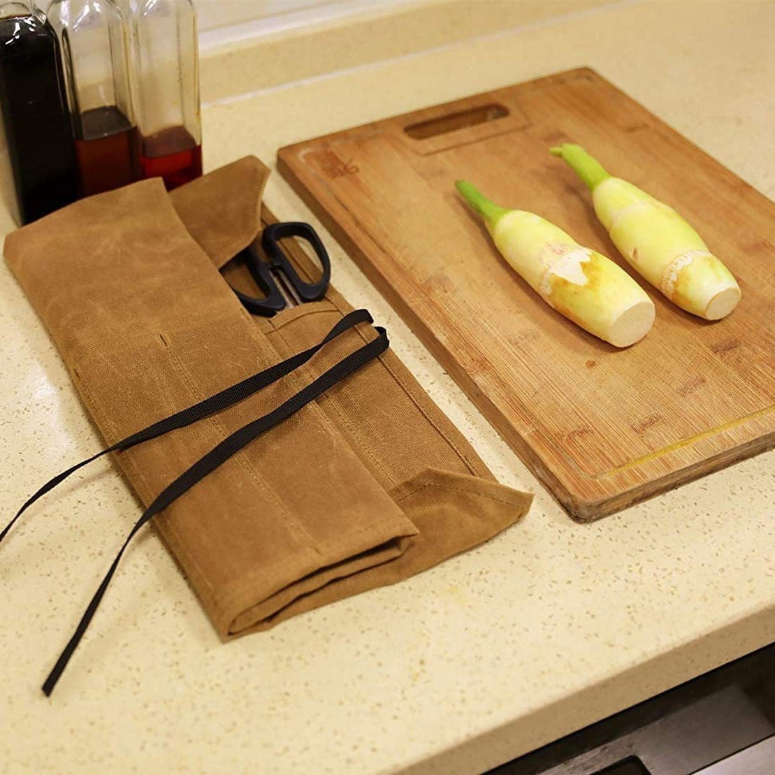 Green Durable Waxed Canvas Knife Roll Bag - Portable Chef Tool Organizer 6