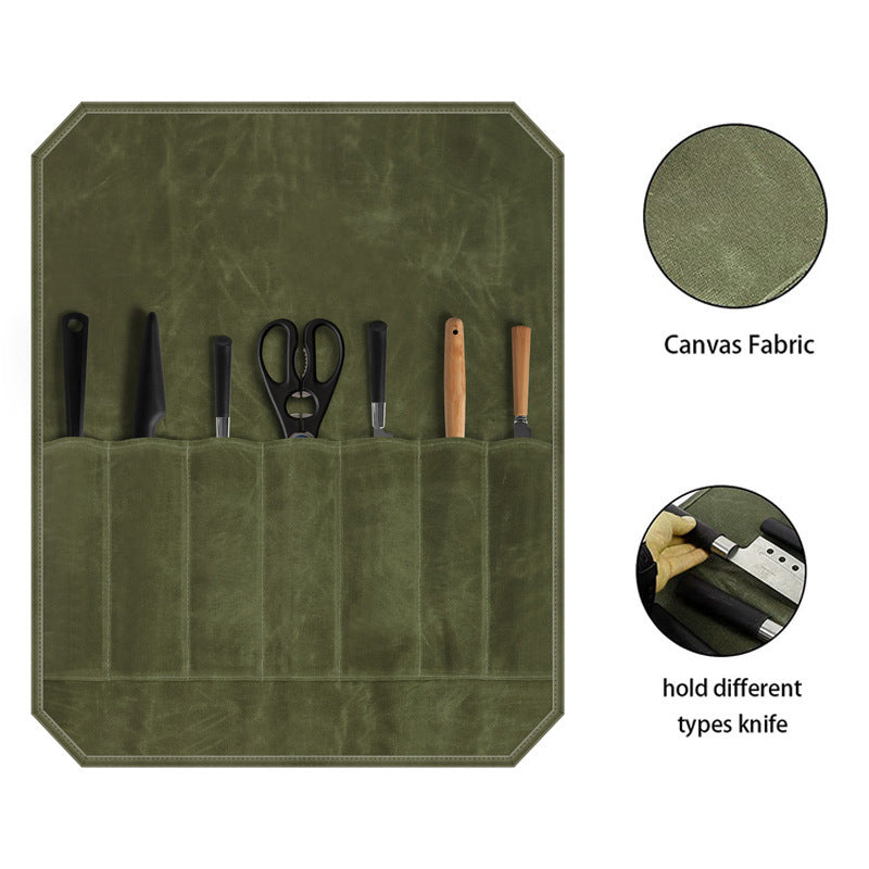 Beige Durable Waxed Canvas Knife Roll Bag - Portable Chef Tool Organizer 4