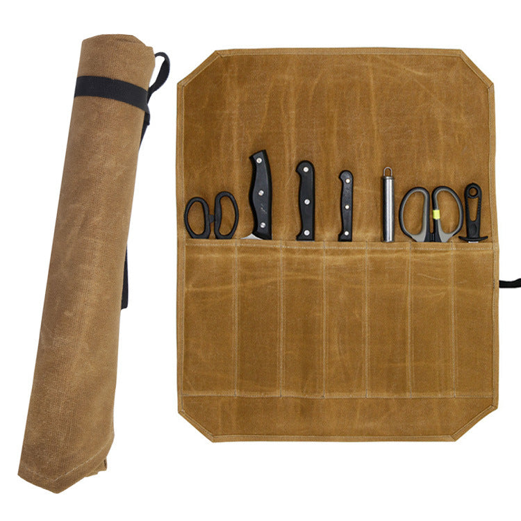 Beige Durable Waxed Canvas Knife Roll Bag - Portable Chef Tool Organizer 5