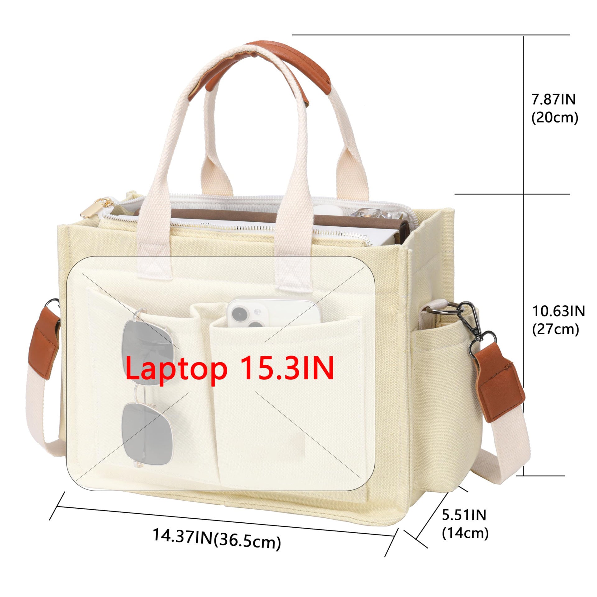 White Stylish Canvas Briefcase Tote Bag with Large Capacity for Women 6