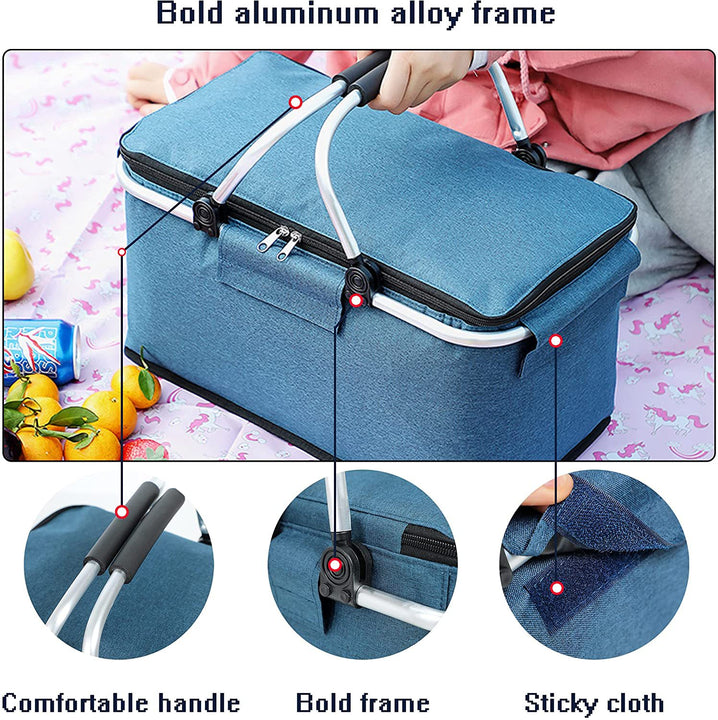 Black Portable Aluminum Foil Insulated Picnic Basket with Zipper Lid, 40x20x23cm 3