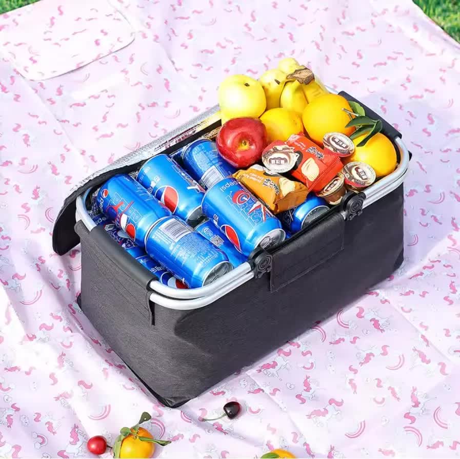 Nevy Blue Portable Aluminum Foil Insulated Picnic Basket with Zipper Lid, 40x20x23cm 5