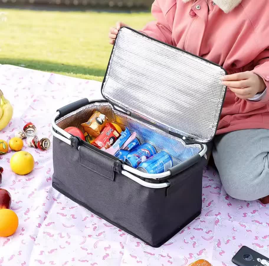 Green Leaves Portable Aluminum Foil Insulated Picnic Basket with Zipper Lid, 40x20x23cm 4