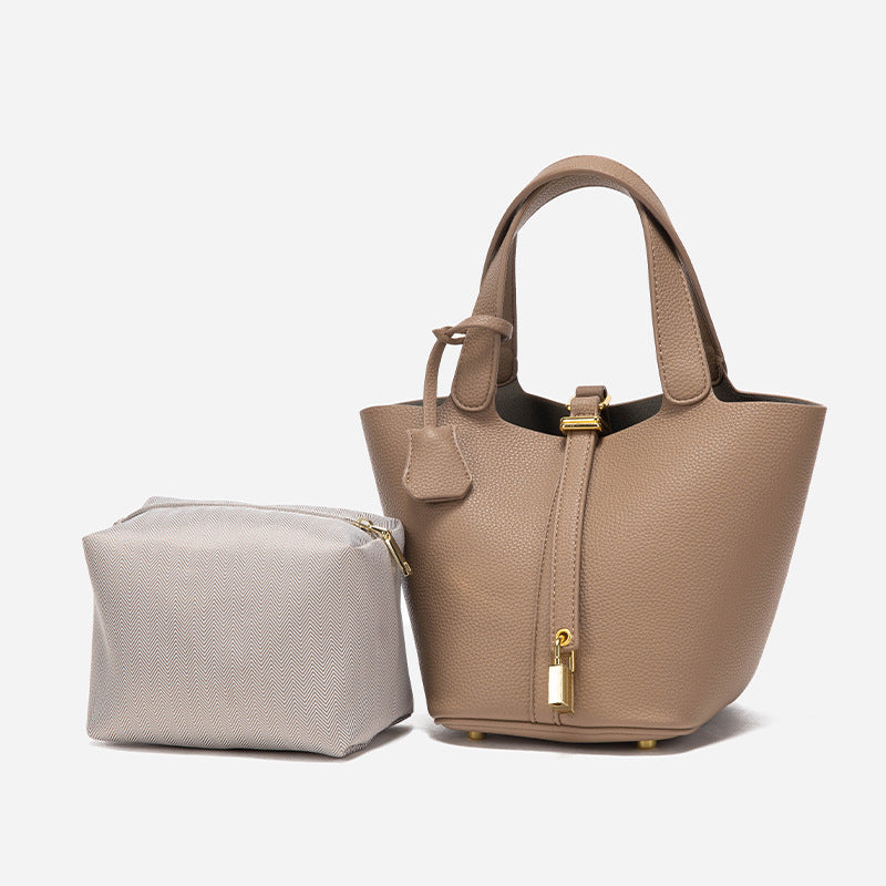 Beige Elegant Women's Leather Tote Handbag with Gold Lock Detail 3