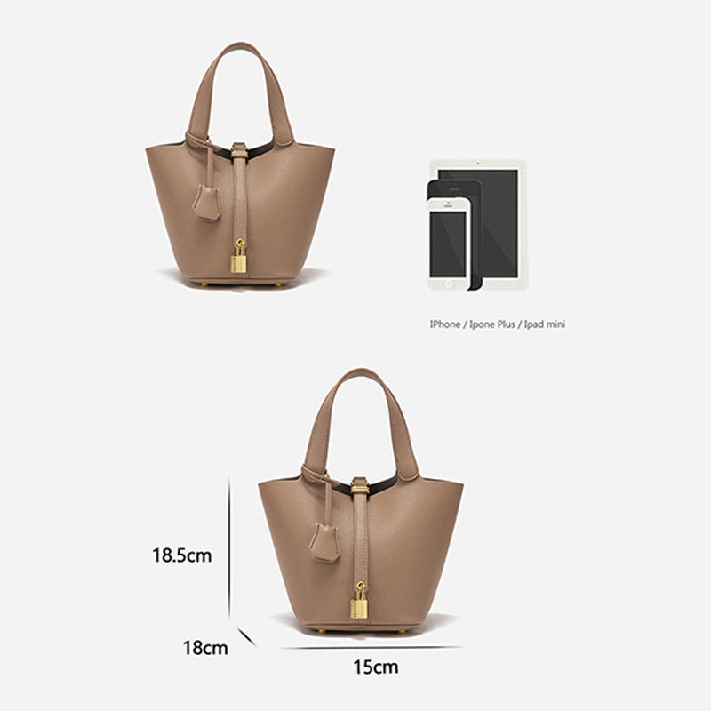 Beige Elegant Women's Leather Tote Handbag with Gold Lock Detail 4