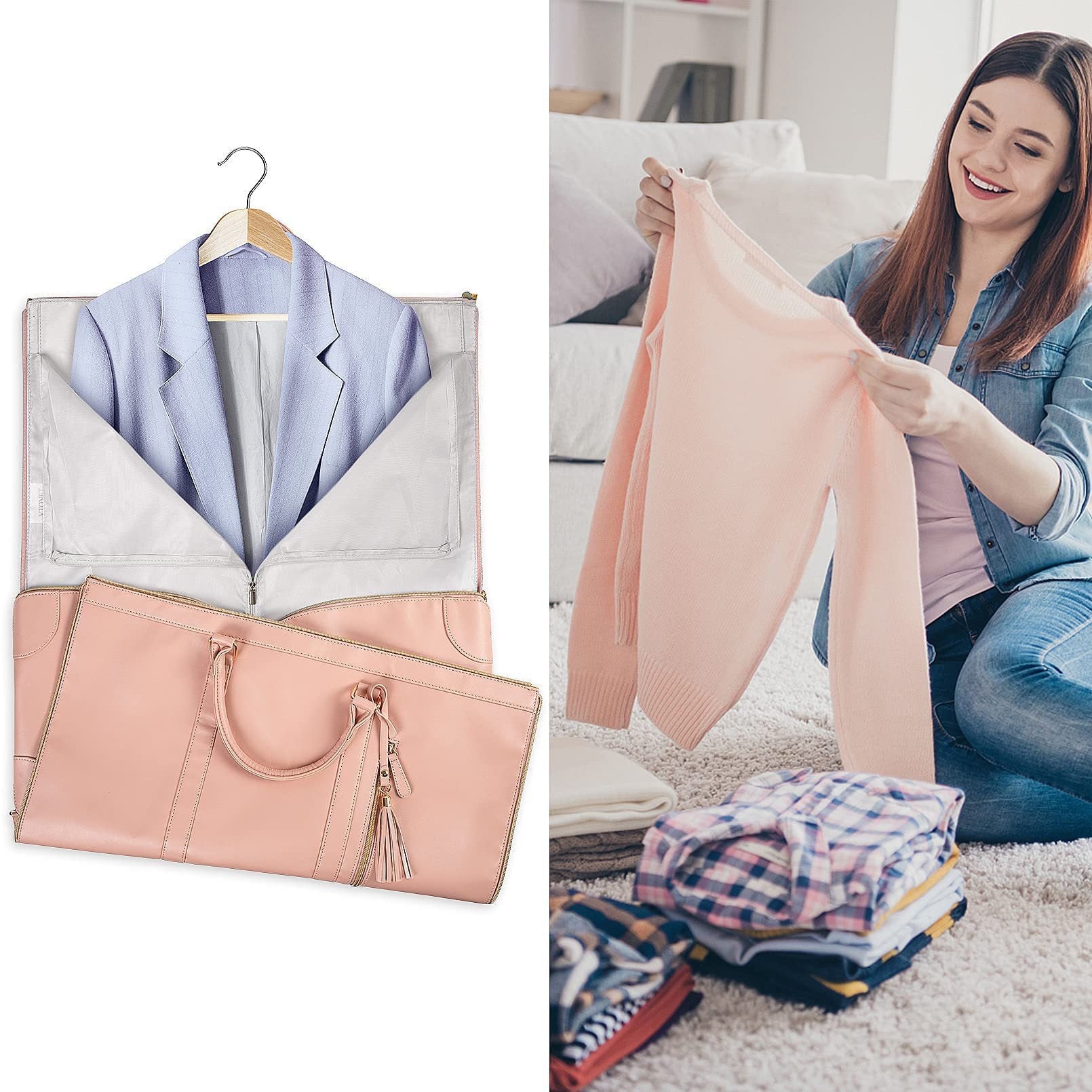 Black Convertible Garment Duffel Bag with Leather Accents - Travel Weekender Bag for Suits and Dresses 6