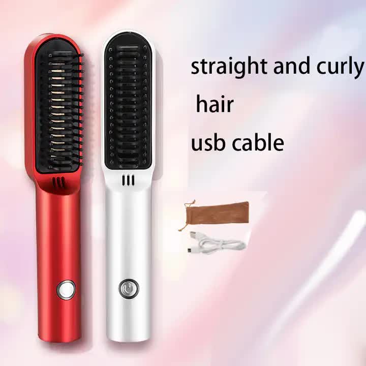 Red Wireless 2-in-1 Ceramic Hair Straightener & Curler - Portable Travel Hot Comb, Rechargeable Hair Styling Tool 3