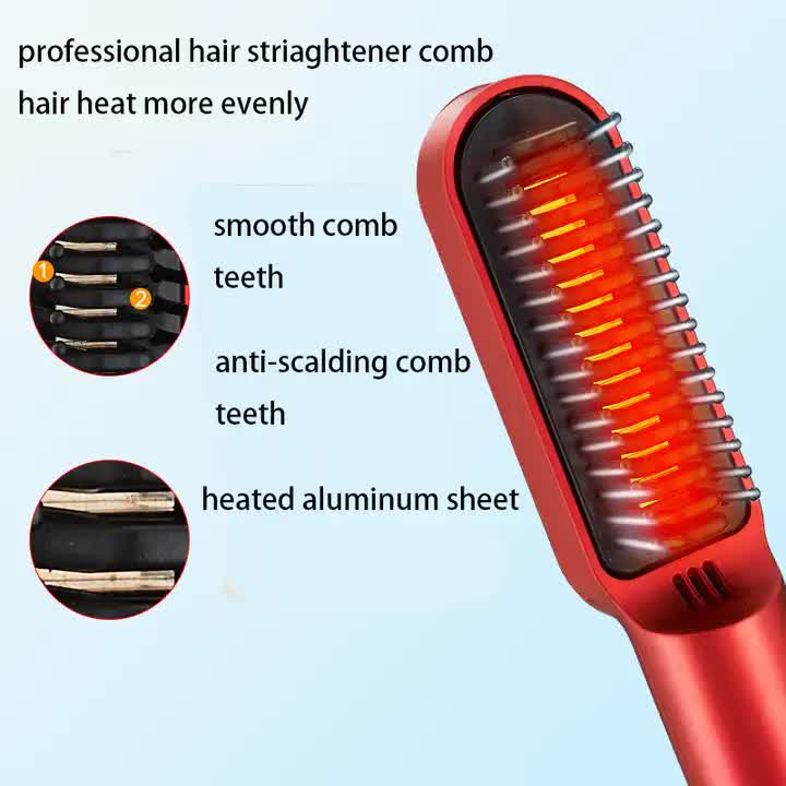 Red Wireless 2-in-1 Ceramic Hair Straightener & Curler - Portable Travel Hot Comb, Rechargeable Hair Styling Tool 4