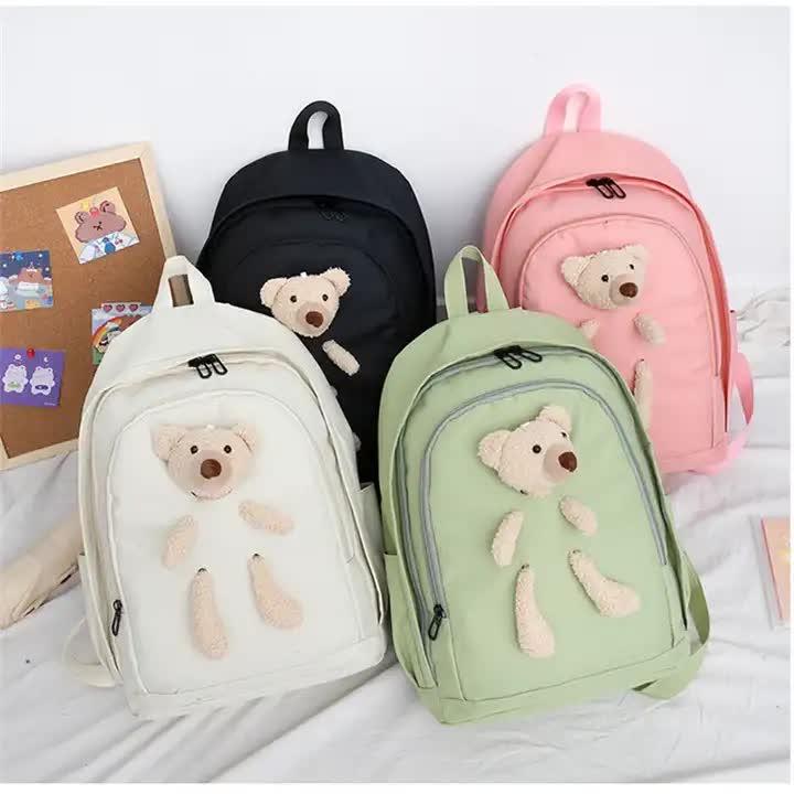 Black Cute Little Bear Girls' Backpack Set - Korean Style Large Capacity School Bag for High School & Middle School Students, 4-Piece Set 4