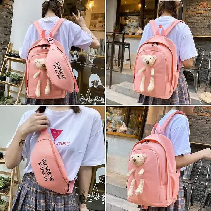 White Cute Little Bear Girls' Backpack Set - Korean Style Large Capacity School Bag for High School & Middle School Students, 4-Piece Set 3