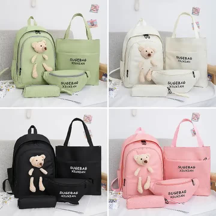White Cute Little Bear Girls' Backpack Set - Korean Style Large Capacity School Bag for High School & Middle School Students, 4-Piece Set 5