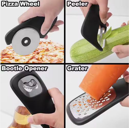Stackable Kitchen Tool Set - Multi-Function Grater, Herb Cutter, Garlic Press, Can Opener, Cheese Grater, Pizza Cutter & Spice Set 5