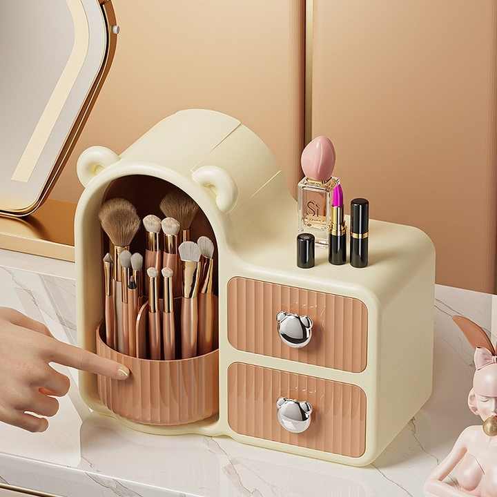 Brown Rotating Desktop Cosmetic Organizer – High-End Dustproof Wall-Mounted Storage Box with Drawer for Vanity, Makeup and Toiletries 5