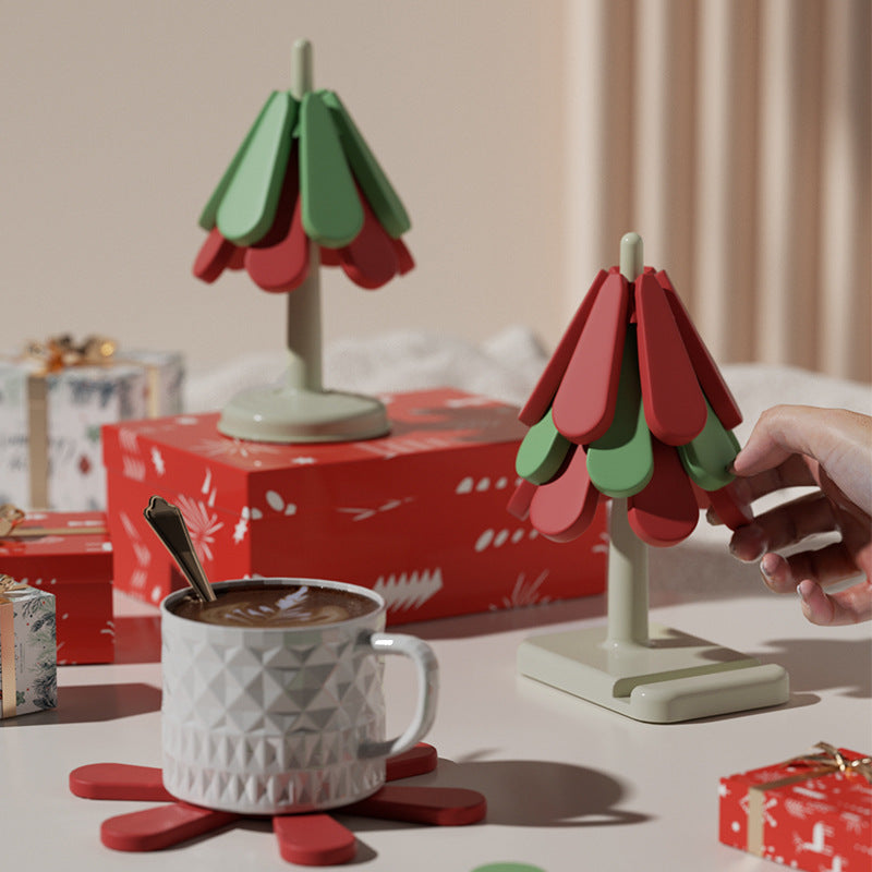 Round Base Red High temperature resistant table mat household teacup mat anti-scalding mat foldable insulation mat pot mat, insulation mat shelf Christmas tree shape 3