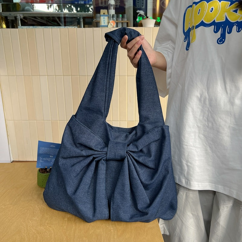 Blue Women's Bowknot Shoulder Bag - New Sweet Style, Large Capacity Canvas Tote Bag, Commuter Single Shoulder Handbag 3