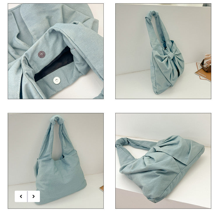 Blue Women's Bowknot Shoulder Bag - New Sweet Style, Large Capacity Canvas Tote Bag, Commuter Single Shoulder Handbag 5