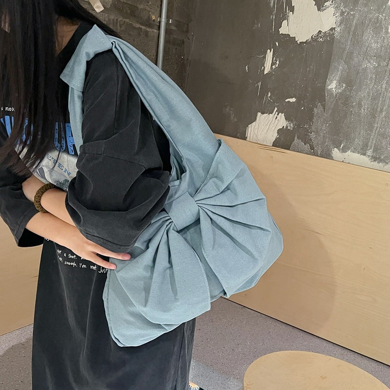 Dark Blue Women's Bowknot Shoulder Bag - New Sweet Style, Large Capacity Canvas Tote Bag, Commuter Single Shoulder Handbag 4