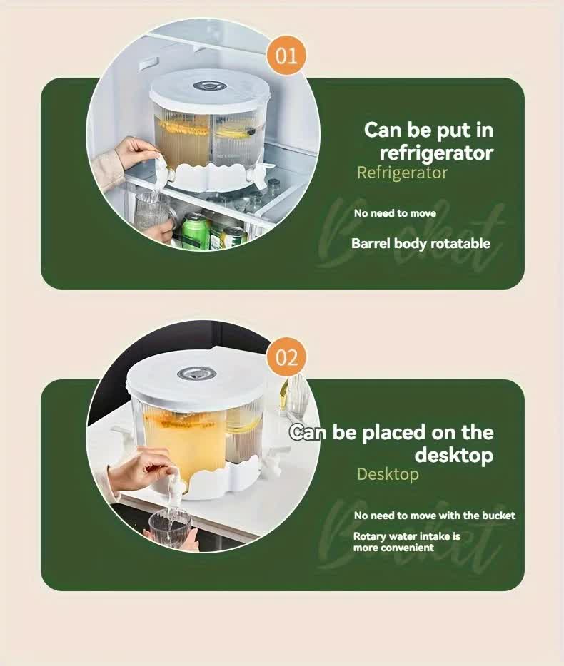 Water Bottle + 4 Cups Large Capacity Rotating Beverage Dispenser with Faucet, Multi-Compartment Refrigerator Water Jug for Juice, Tea, and Drinks 6