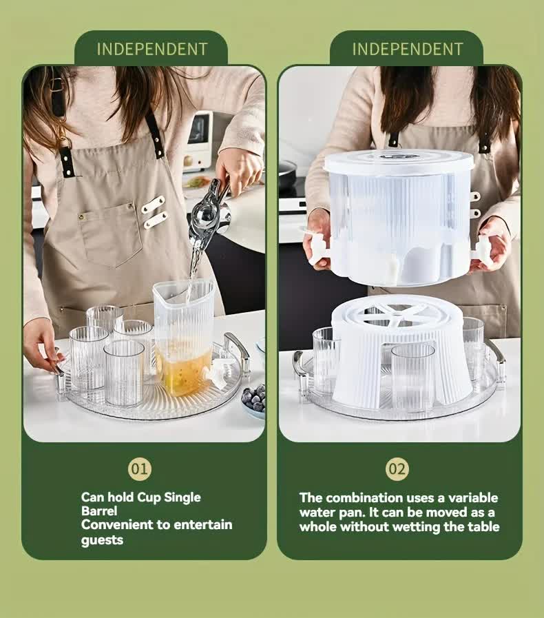 Water Bottle + 4 Cups+Tray Large Capacity Rotating Beverage Dispenser with Faucet, Multi-Compartment Refrigerator Water Jug for Juice, Tea, and Drinks 5