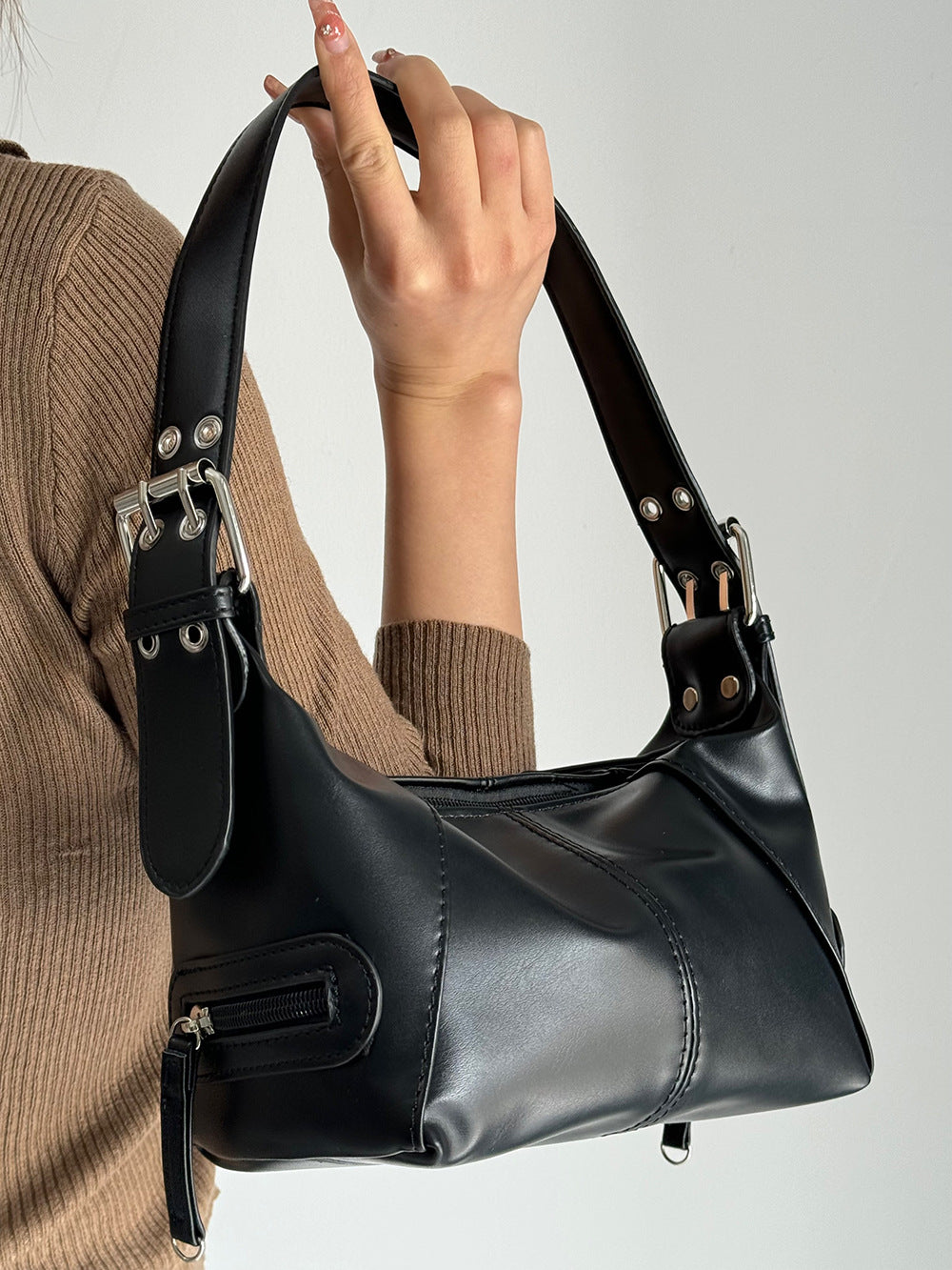 Black Trendy Punk Shoulder Bag, Small Retro Handbag with Sweet Cool Aesthetic, Versatile Underarm Bag 4