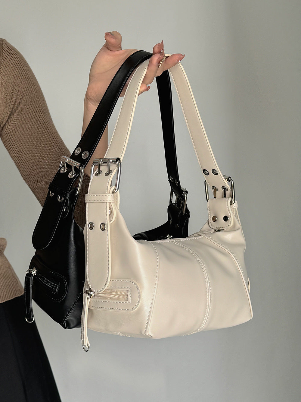 Black Trendy Punk Shoulder Bag, Small Retro Handbag with Sweet Cool Aesthetic, Versatile Underarm Bag 5