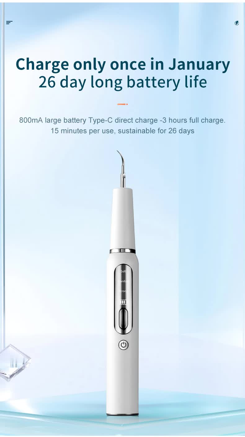 White Portable Ultrasonic Dental Cleaner, Home Use Plaque Remover, Sonic Tooth Stain & Tartar Cleaning Tool 5